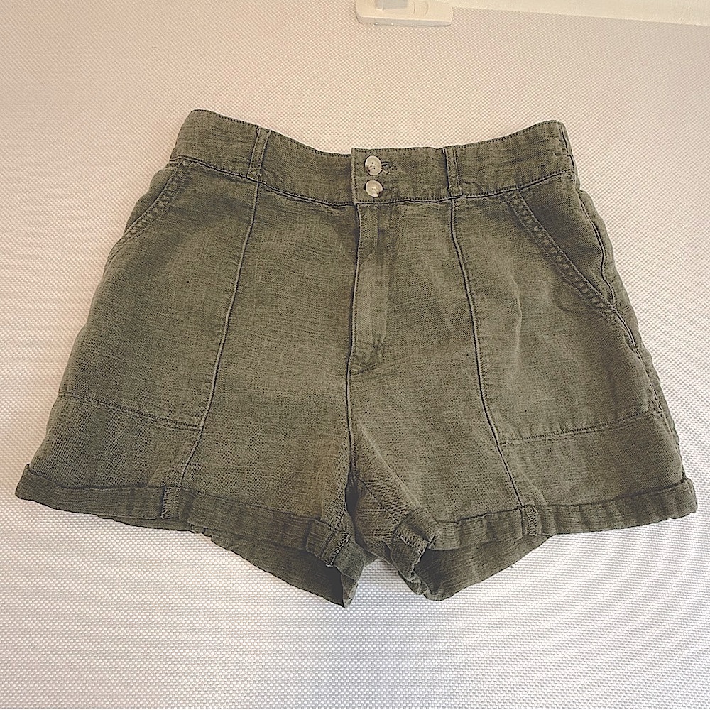 Joie Green High Waist Shorts Linen Relaxed Fit cargo 3” inseam